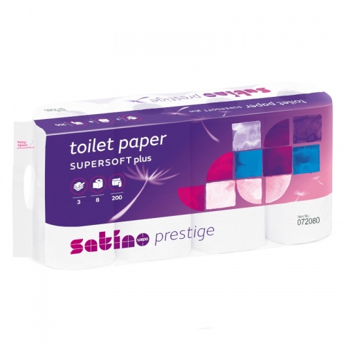 Papier toaletowy w rolkach konwencjonalnych SATINO PRESTIGE (072080) - 3 warstwowy, 27,6 m, 200 listków, opakowanie 7x8 szt.