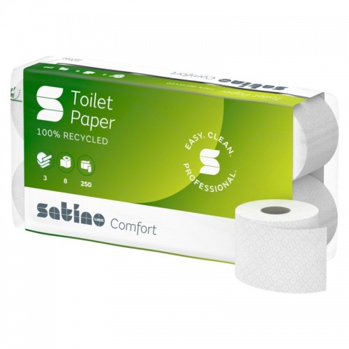 Papier toaletowy w rolkach konwencjonalnych SATINO COMFORT (037060) - 3 warstwowy, 30 m, 250 listków, opakowanie 9x8 szt.