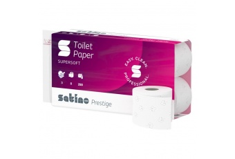 Papier toaletowy w rolkach konwencjonalnych SATINO PRESTIGE (071320) - 3 warstwowy, 30 m, 250 listków, opakowanie 9x8 szt.