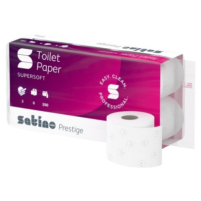 Papier toaletowy w rolkach konwencjonalnych SATINO PRESTIGE (071340) - 3 warstwowy, 27,5 m, 250 listków, opakowanie 8x8 szt.