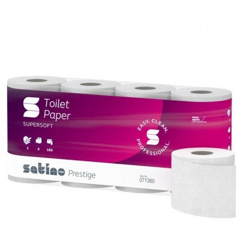 Papier toaletowy w rolkach konwencjonalnych SATINO PRESTIGE (071360) - 3 warstwowy, 18 m, 150 listków, opakowanie 8x8 szt.