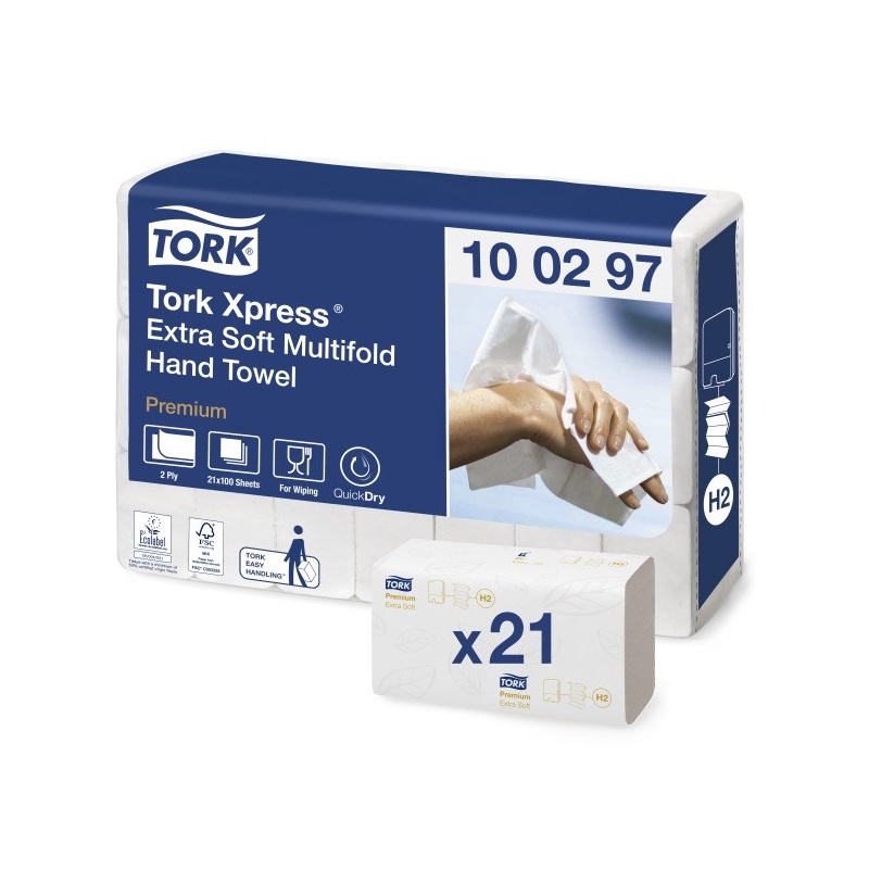 Tork Xpress® H2 bardzo miękki ręcznik Multifold w składce wielopanelowej (100297) - 100 odc./binda, opakowanie 21 szt